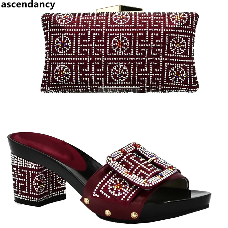 

Latest Wine Color Ladies Italian Shoe and Bag Set Decorated with Rhinestone Woman Italian Shoes and Bags Set Party Shoes and Bag