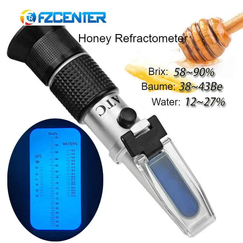 

3-in-1 Honey Refractometer Brix/Moisture/Baume Tester Meter ATC, Sugar Water Content Level, Tri-Scale 58-90%/12-27%/38-43Be'