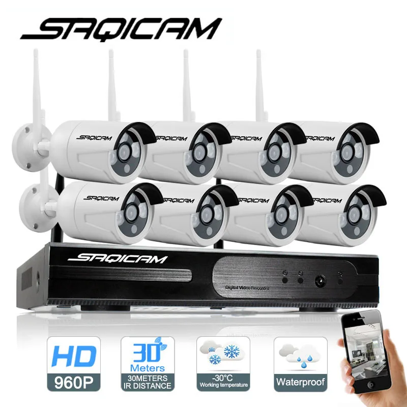 Saqicam 8 каналов 960 P HD Беспроводная система безопасности 8 шт. 1.3MP Водонепроницаемая наружная беспроводная ip-камера WiFi NVR комплект