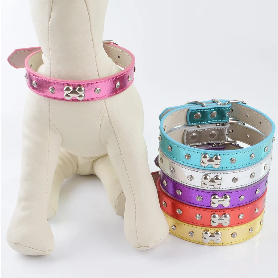 6 Colors Plain Leather Pet Dog Collars Adjustable Buckle Bone Shaped