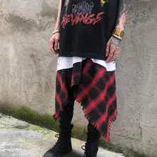 Высокая уличная индивидуальность подол клетчатые мужские шорты юбки уличные хип хоп панк талии украшения кюлоты Человек Винтаж хип хоп фартук