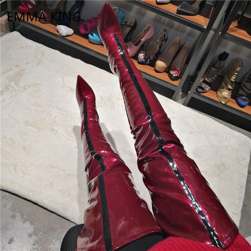 

Sexy Thigh High Women Boots Pointed Toe Ladies Shoes Runway Patent Leather Female Over The Knee Boots Stretch Thin Heels Botas
