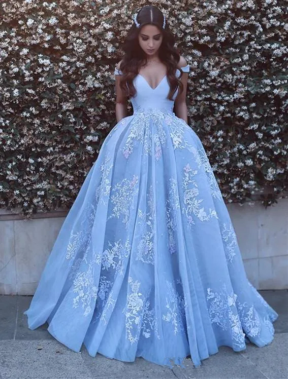 

Blue Muslim Evening Dresses 2019 Ball Gown Deep V-neck Tulle Lace Pearls Islamic Dubai Saudi Arabic Long Evening Gown Prom