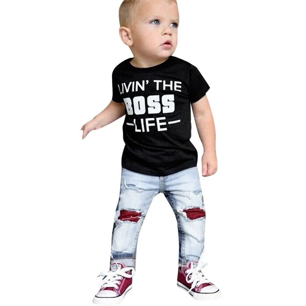 

Children Letter Print T-shirt Tops+Hole Jeans Denim Pants+Headband Set Clothes children clothing set toddler boy clothes