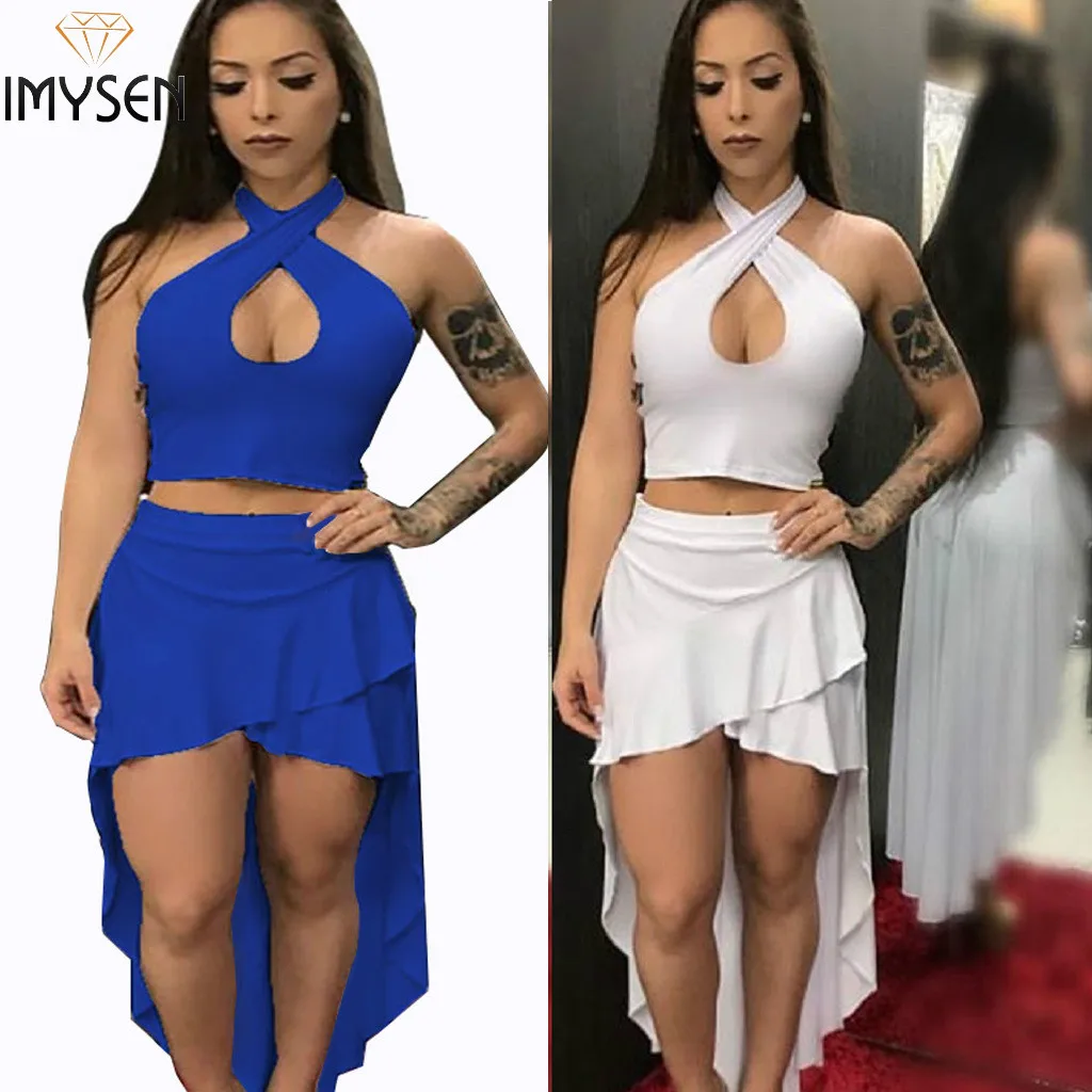 IMYSEN Dress Suit Women Two Piece Set Solid White Blue Halter Backless Top Dresses Suits 2PCS | Женская одежда