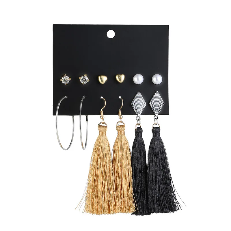 

6 pair/set Bohemian Fringe Earrings Set Fashion Crystal Pearl Heart Stud Earrings For Women Jewelry Accessories boucle d'oreille
