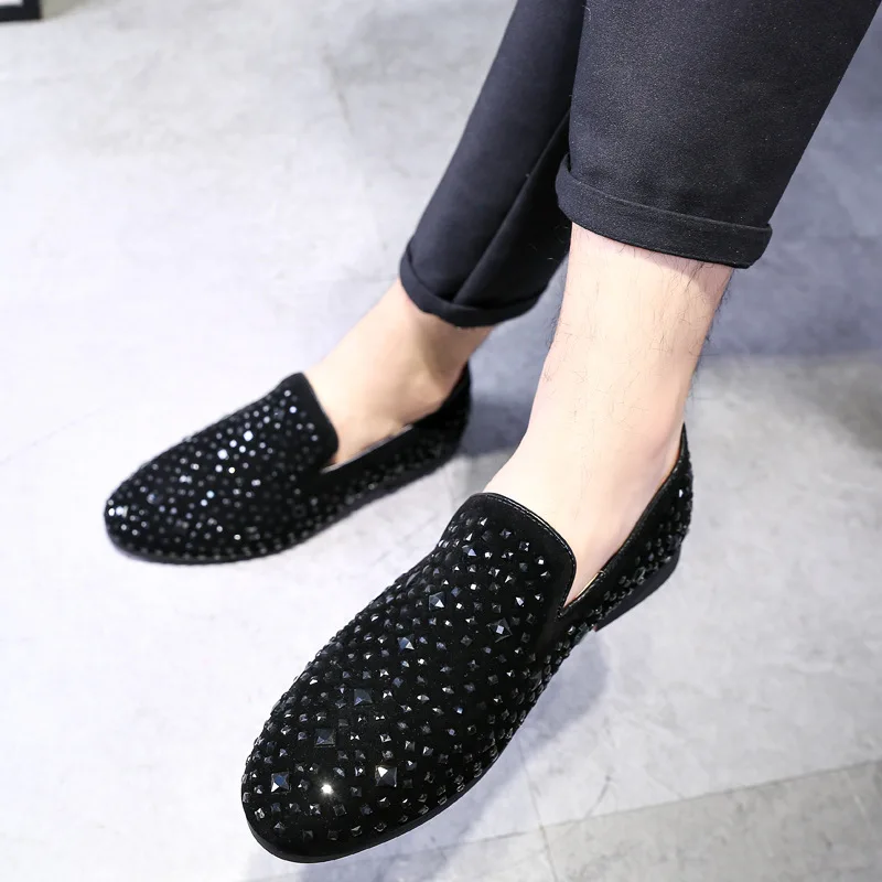 Formelle Mocassins Strass Black Bout Noël Qualité Haute Chaussures Pointu Fête Robe Plat Hommes Casual De 2018 Z6OqIw