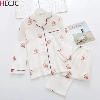 

Natural Women Pajamas Set Fresh Watermelon 100% Gauze Cotton Ladies Sleepwear Two Piece Set Turn-down Collar Household Clothes
