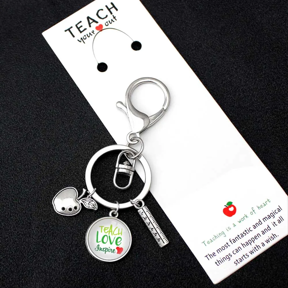 

Teacher Teach Love Inspire Keychain Apple Book Ruler Keychains Key Chain Key Ring Women Men Male Unisex Keyring Jewelry Gift