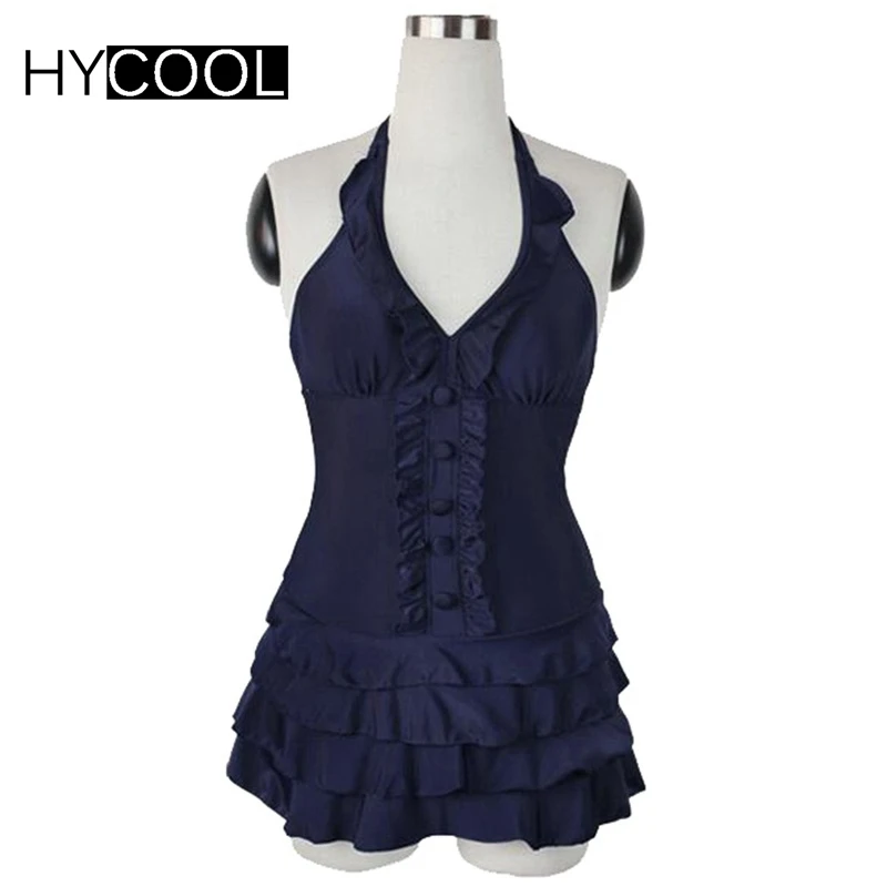 HYCOOL 2017 plus size swimwear women solid color navy blue retro one