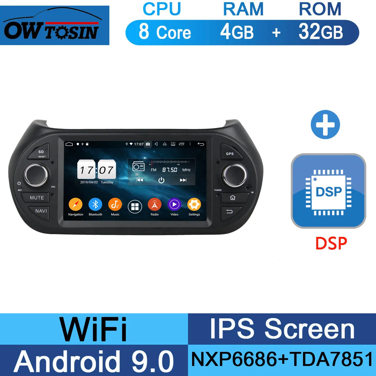 " ips 8Core 4G ram+ 64G rom Android 9,0 автомобильный dvd-плеер для Fiat Fiorino Qubo Citroen Nemo peugeot Bipper 2008- CarPlay Parrot - Цвет: 32G DSP