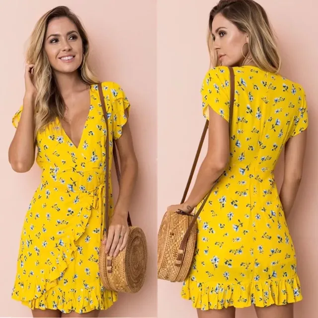 Flower Fl Print Yellow Short Mini Dress Women Summer Bohemian Flower Fl Print Yellow Short Mini Dress Women Summer Bohemian Boho Las Deep V Neck