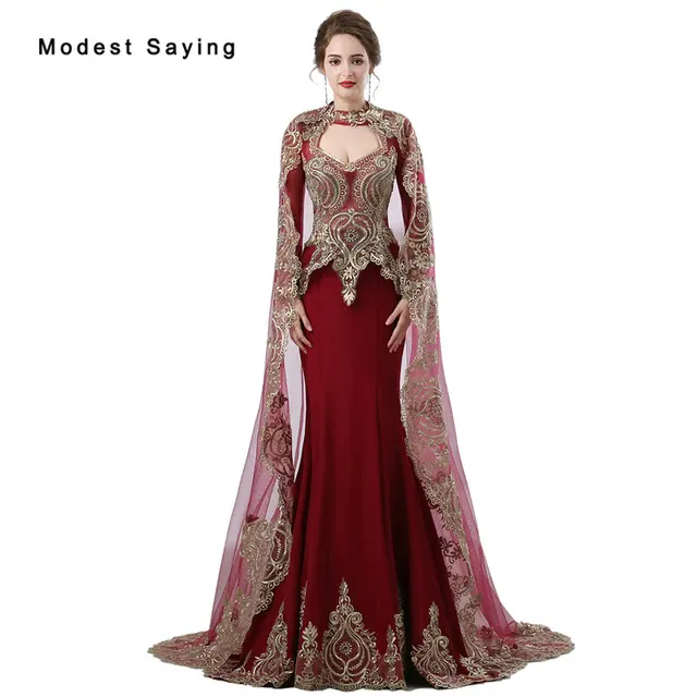 Burgundy Mermaid Evening Dresses With Long Capes 2018 Beaded Kafatan Muslim Long Sleeves Formal Gold Embroidery