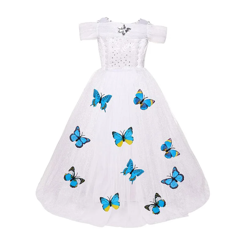 Платье Золушки для девочек платье бальное платье для детей с вышитыми бабочками Эльза, Белль карнавальный костюм принцессы для Хэллоуина День рождения - Цвет: 05 White Dress Only
