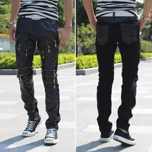 Ночной клуб диджей метросексуал черные маленькие ноги ветрозащитные брюки из искусственной кожи для мотоцикла на молнии тонкие мужские брюки