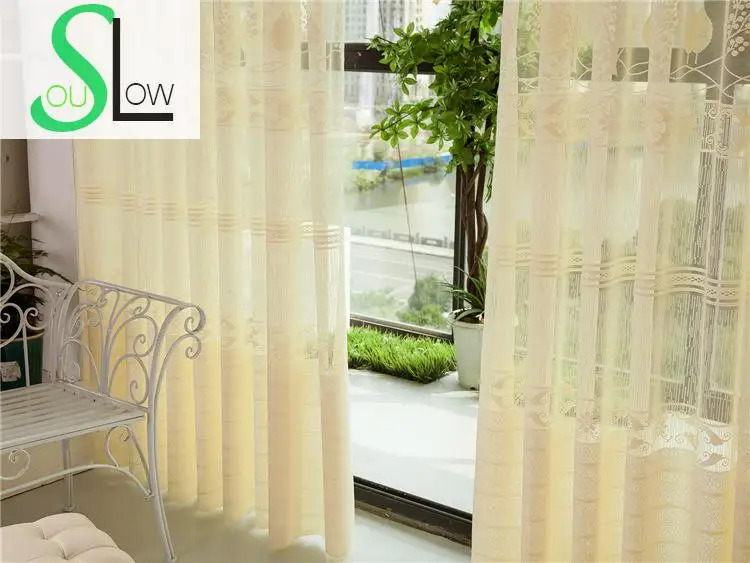 Slow Soul amarillo Europa América Encaje hueco decoración cortina floral Cortinas tulle para sala cocina dormitorio