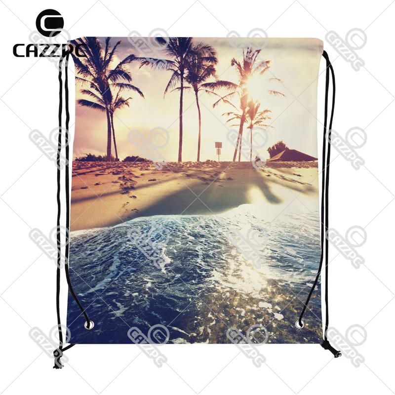 

Summer Style Tropical Beach Seaside of Caribbean Print Custom individual Nylon fabric Drawstring Backpack Gift Bag Pack of 4