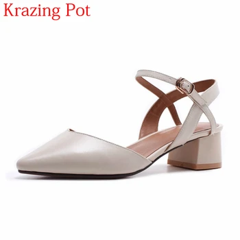 

2018 New Arrival Genuine Leather Summer Shoes Women Pumps 4 Cm Med Heels Pointed Toe Shallow Office Lady Party Wedding Shoes L69
