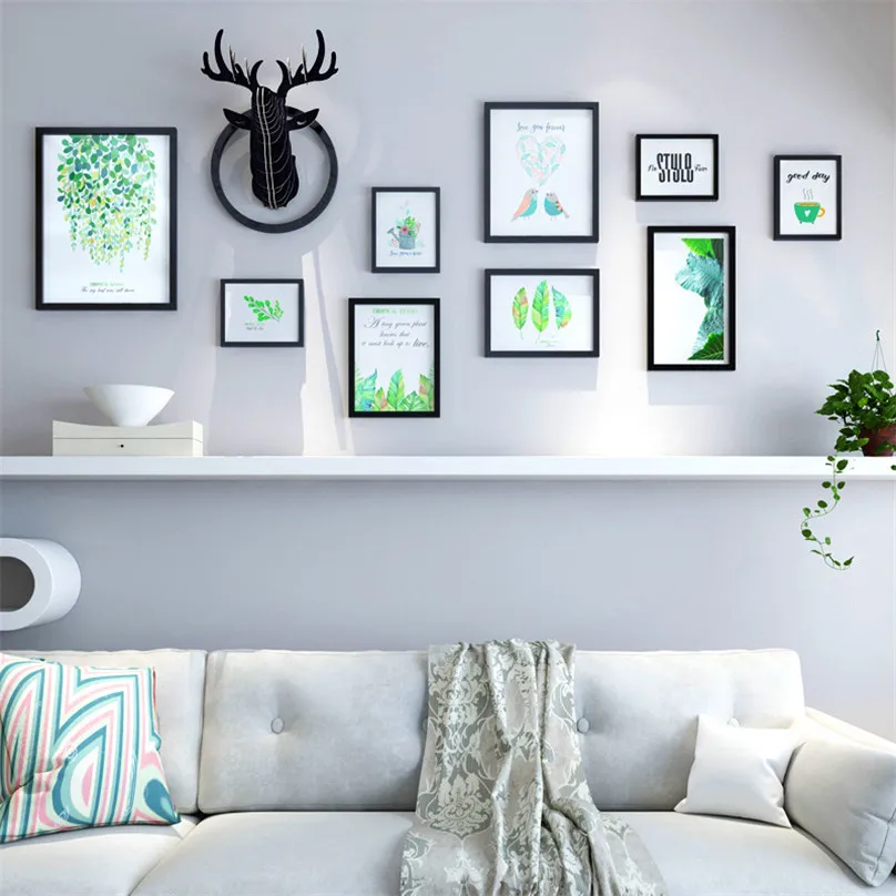 

Green Leaves Picture Frames+Reindeer Head Wall Decoration Black White Wood Frames for Pictures Collage Photo Frame Set Fotolijst