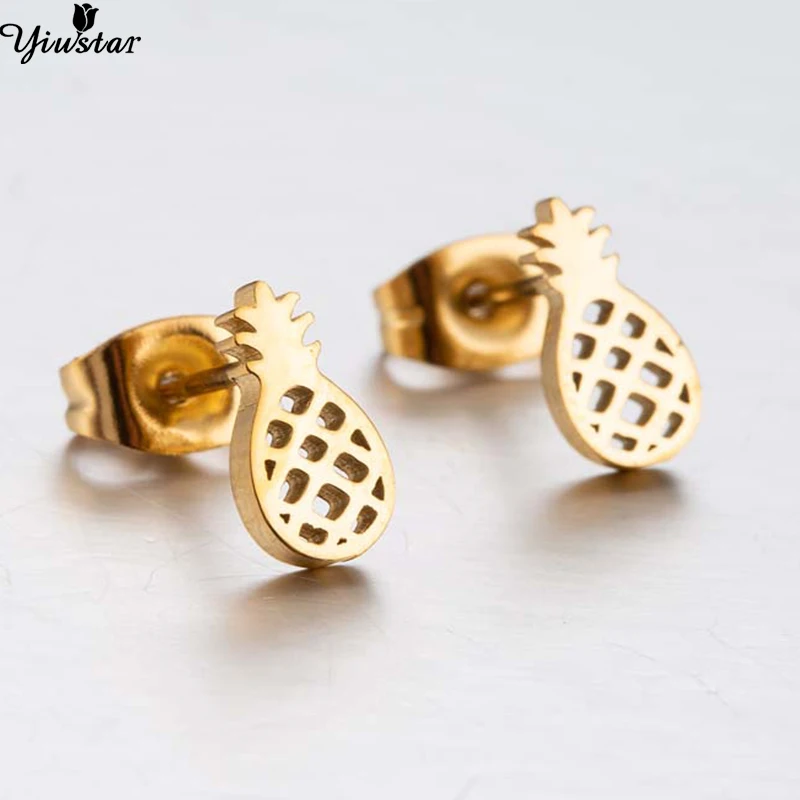 Yiustar Mini Unique Pineapple Earrings Studs for Women Rose Gold Stainless Steel Earring Jewelries Charms Fancy Fruit Earing