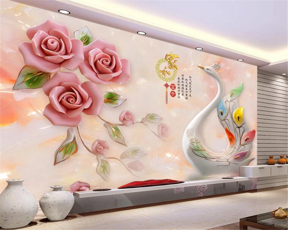 

beibehang Custom 3d wallpaper mural peony flower rose jade carving swan TV background wall 3d wallpaper papier peint mural 3d