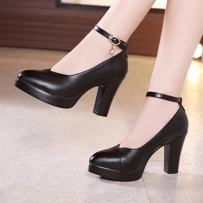 

Black Plus Size 40-43 Working Shoes Women High-heeled Point Toe Block Heel Platform Walking Shoes