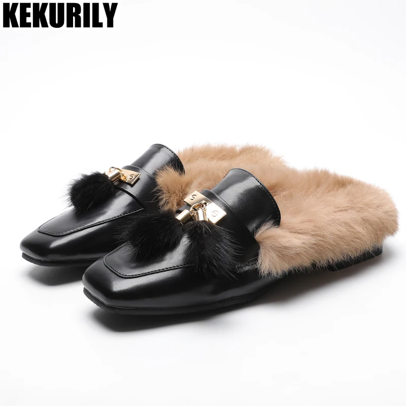

Winter Rabbit fur Slippers shoes Women Fashion Furry Mules Slides Ladies Low heels Shoes Pointed toe Sandalias mujer brown black