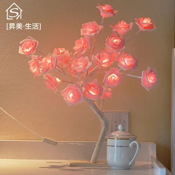 

24pcs LED White Pink Rose Flower Bedside Bedroom Night Light Table Lamp Home Decoration Simulation Tree Christmas Wedding Party