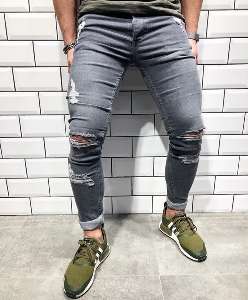 

New Fashion Mens Jeans Skinny Stretch DenimPants Distressed Ripped Freyed Slim Fit JeansTrousers Hole Pencil Pants Boy Men
