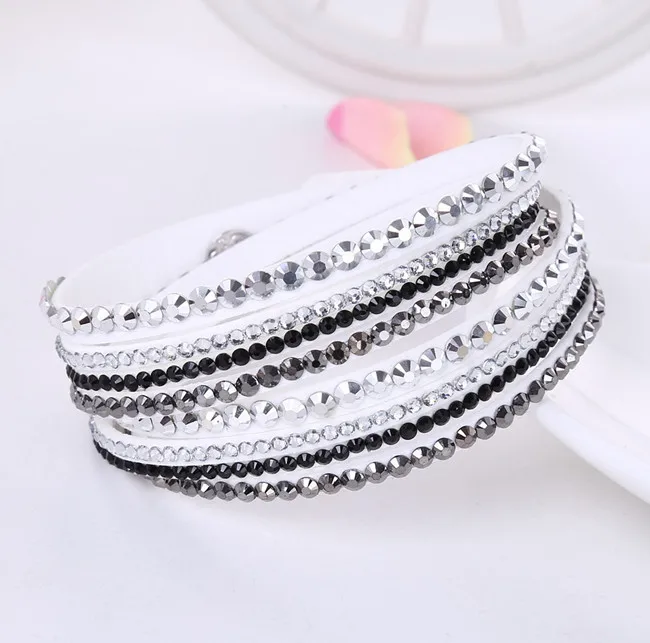 Модный очаровательный браслет с кристаллами из горного хрусталя, объемный многослойный циркониевый браслет, кожаный стильный браслет, женский браслет, ювелирные изделия, подарок - Окраска металла: White and Black