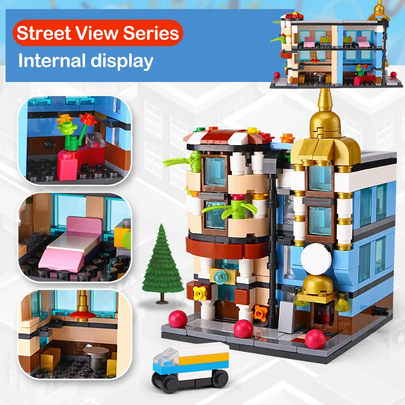 DHL 6 комплектов Panlos Toys серия уличных зданий автостанция гараж городской банк