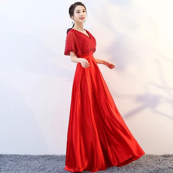 

2019 New V neck Red Pearls Zipper Back With Jacket Party Formal Dress Short Sleeve Beads Sexy Long Evening Dresses