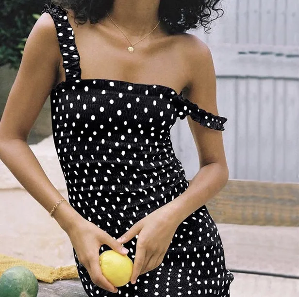 

Women Spaghetti Strap Polka Dots Dress Ladies Elegant Summer Elastic Bodycon Slim Trumpet Dress
