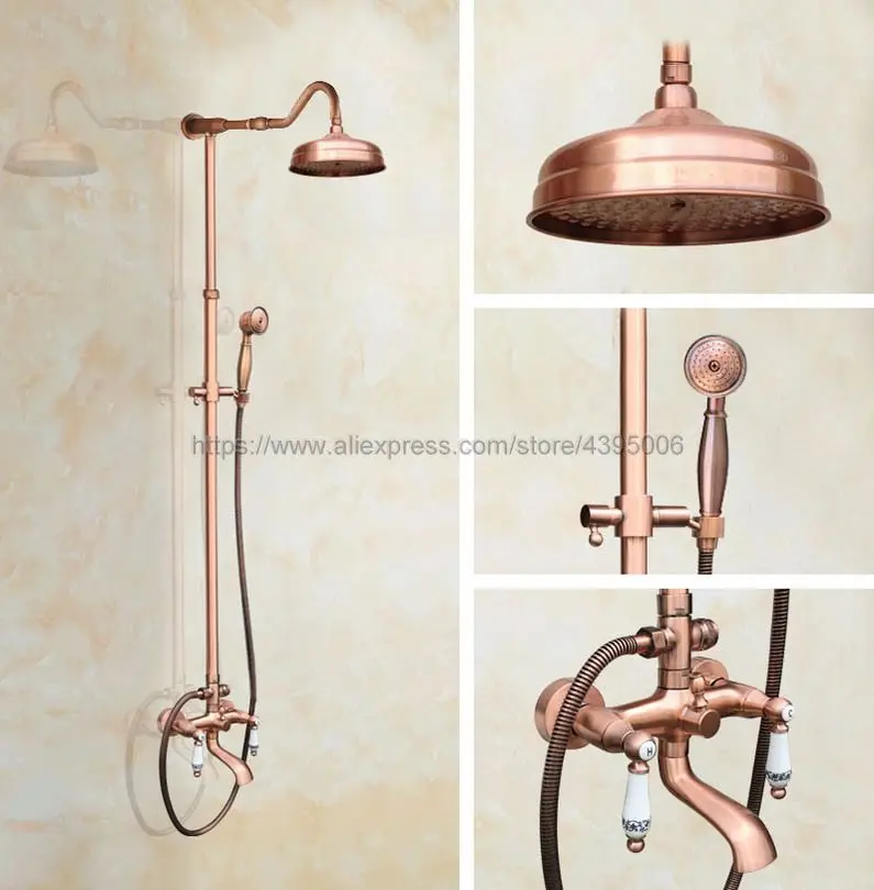 

Antique Red Copper Rainfall 8" Bath Shower Mixer Faucet Set Wall Mounted with Hand Shower Swivel Tub Spout Shower Taps Brg644