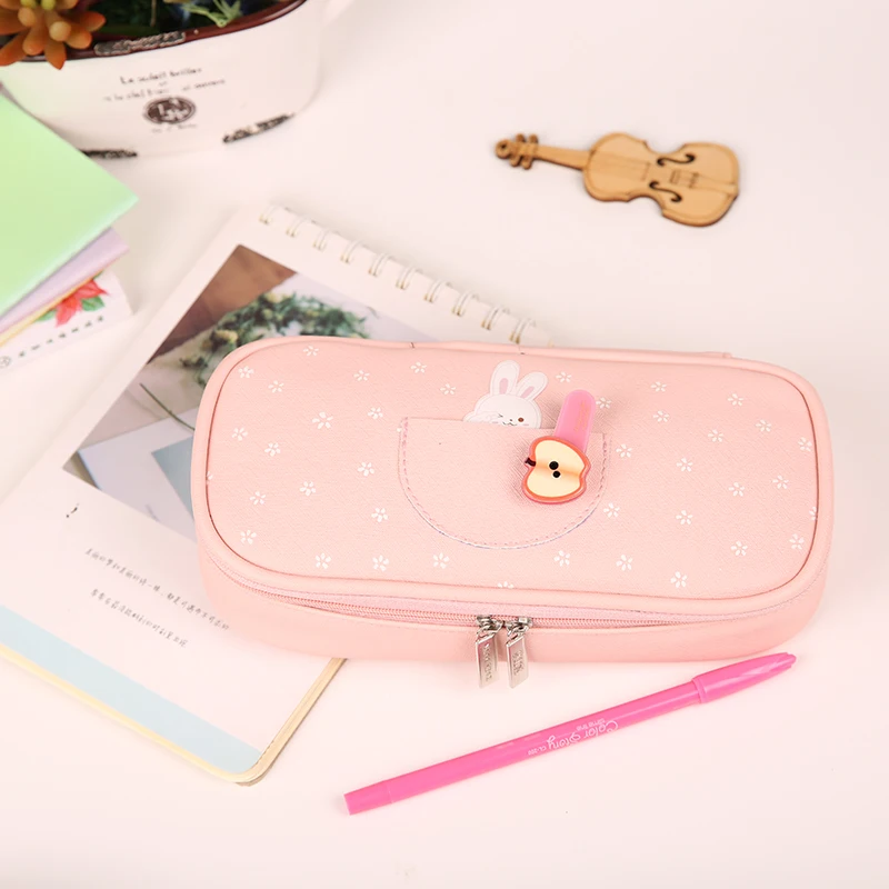 Color Mini Pencil Case Simple Cute Pu Leather Pencil Bag For Girls Children  Gift Kawaii Stationery School Storage Supplies