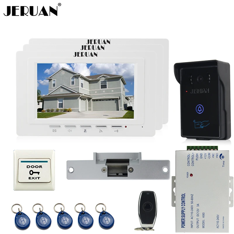 

JERUAN three desk brand new 7`` TFT Video Door Phone System 700TVL Touch Camera+Cathode lock+Remote control Unlock