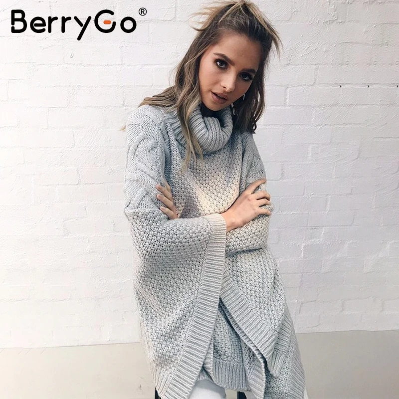 

BerryGo Casual knitted turtleneck sweater cape Women winter loose pullover poncho 2017 Casual streetwear warm black sweater tops