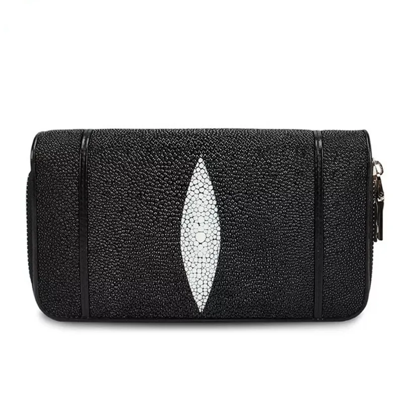 Classical Black White Genuine Stingray Skin Leather Women's Large Wristlets Bag Female Wallet Zipper Closure Lady Clutch Purse