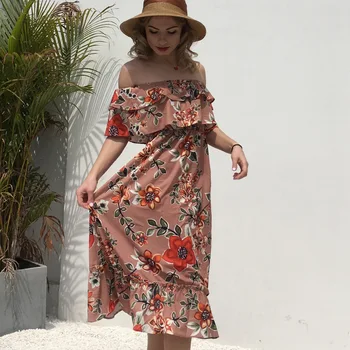 

Aibo Carla 2019 Summer New Word Shoulder Wrapped Chest Rubbing Chiffon Pressure Big Swing Dress Sewing Dress