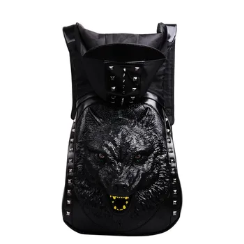 

Hooded Backpack Large Male Black Gold Silver 3D Wolf Head Design Printing Backpack With Hood Fashion Casual Bags
