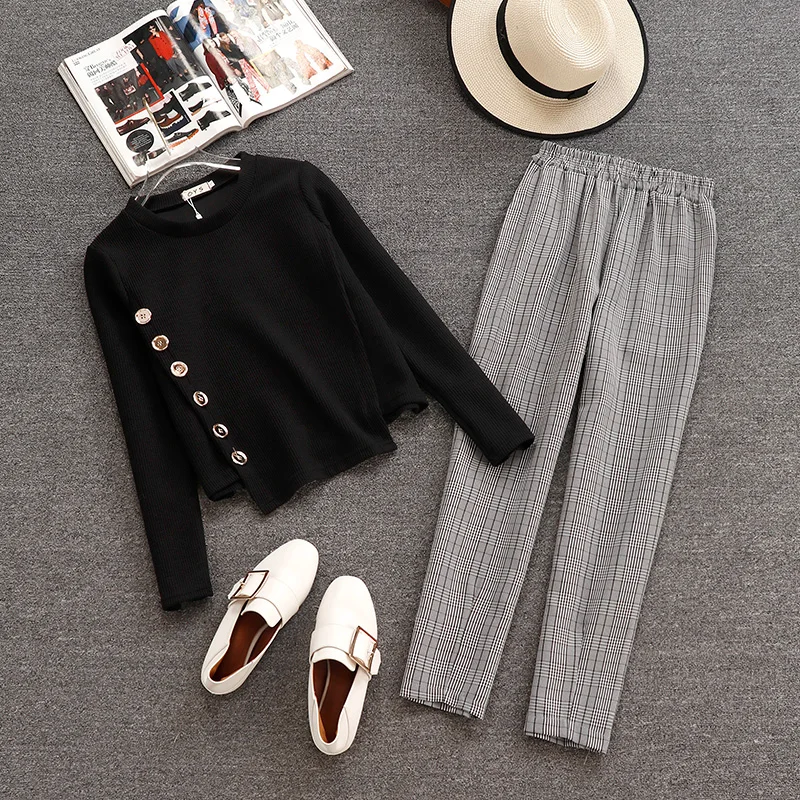 

New Spring Autumn Fashion Women's Sets Single Breasted Long Sleeve Knitting Top + Elastic Waist Plaid Long Trousers Female Suits