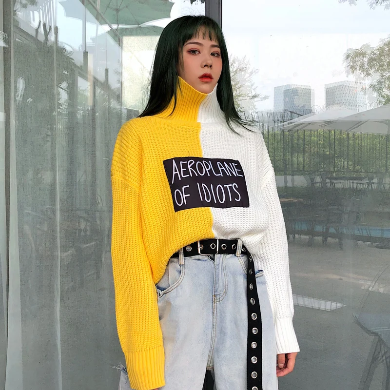 

Turtleneck Letter Print Patchwork Contrast Block Solid Long Sleeve Knitted Sweater Korean Harajuku Street Loose Pull Pullover