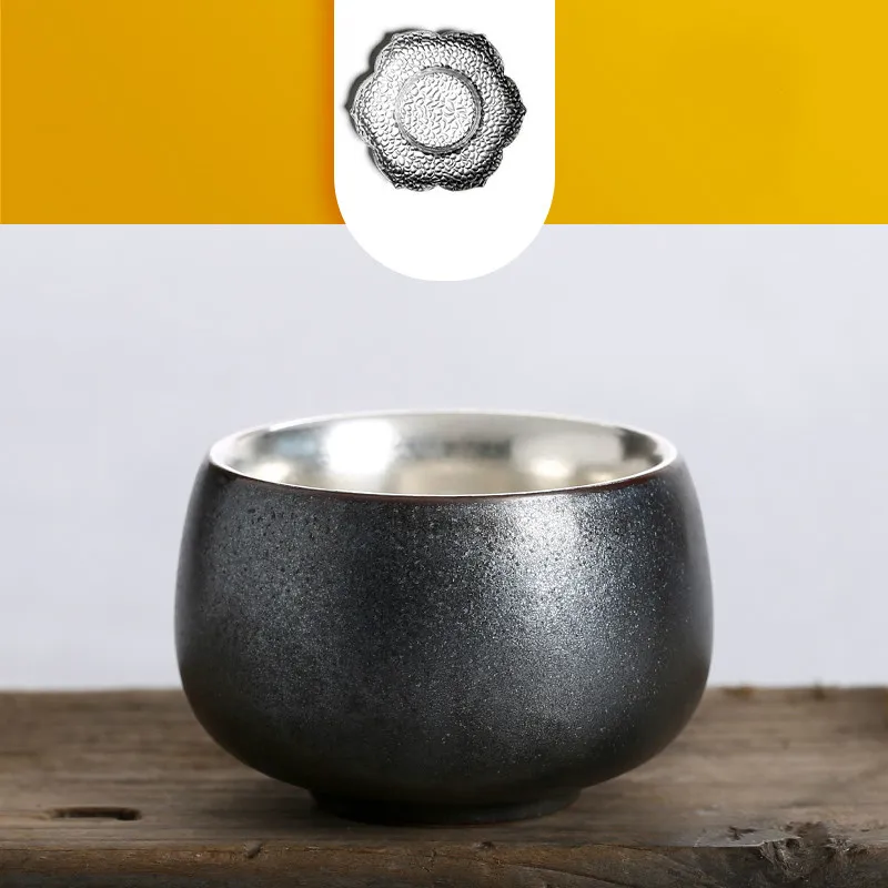 

Chinese ceramic fine silver cup 999 sterling silver kung fu tea cup Taiwan rough pottery tea Ware gift to family and friends