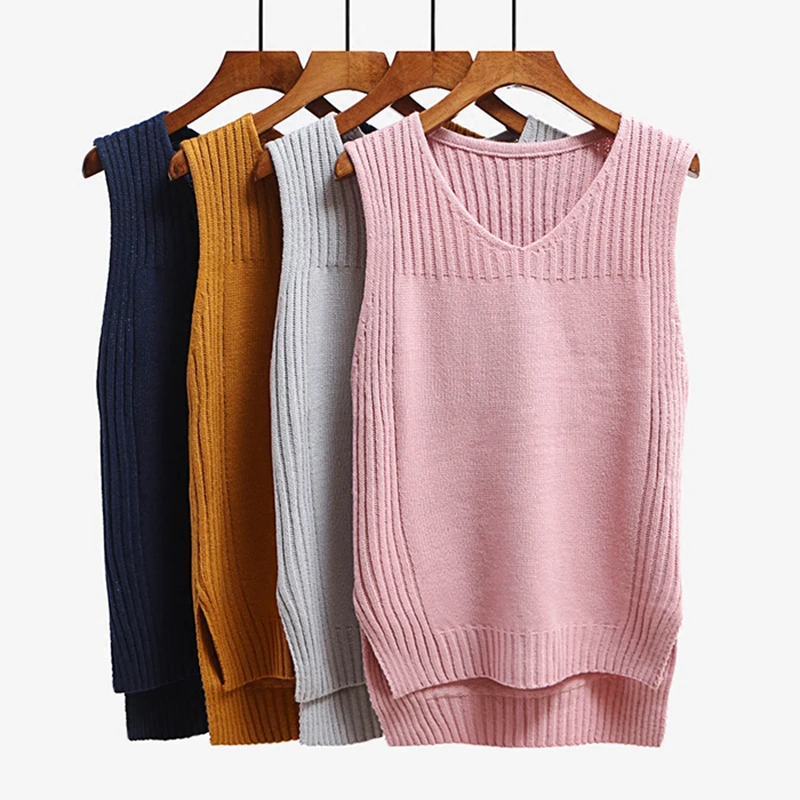 Sleeveless knitted waistcoat vest Women split v neck irregular sweater