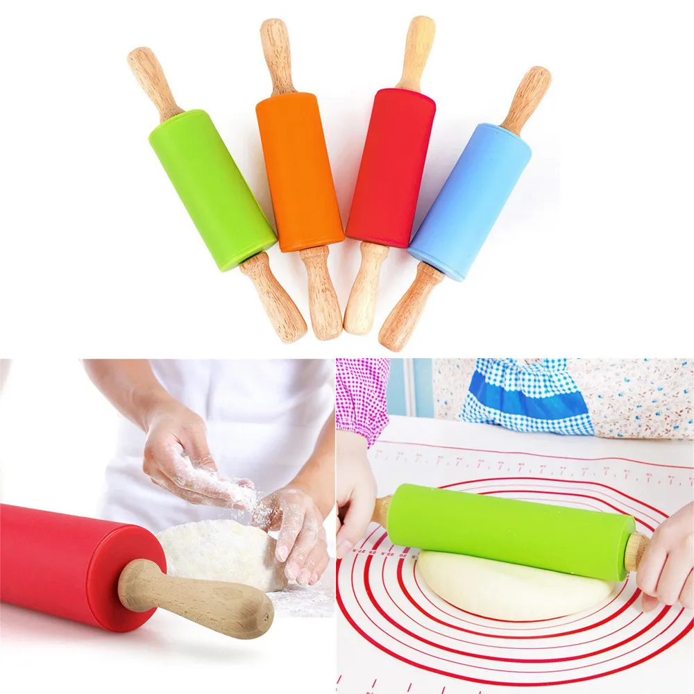 Children Non-stick Surface Dough Cake Decor Silicone Rolling Pin Wood Handle