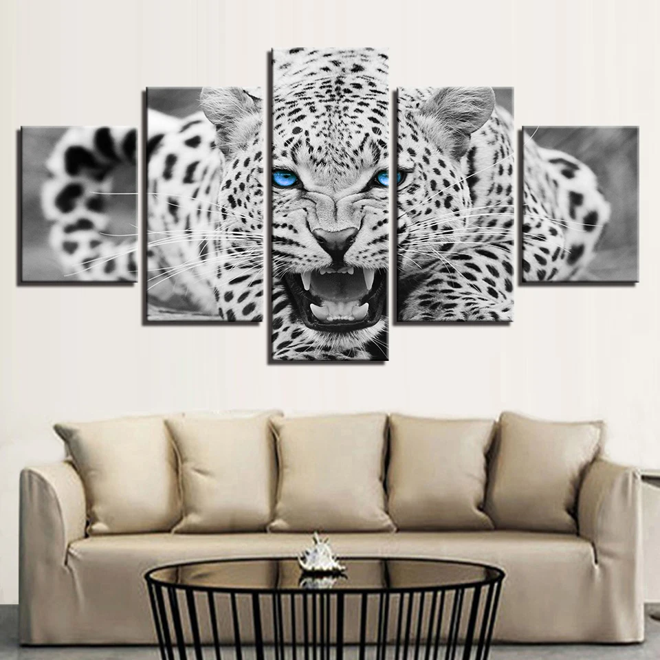 

Wall Art HD Prints Pictures Framework 5 Pieces Blue Eyes Leopard Tiger Canvas Paintings Home Decor Black And White Animal Poster