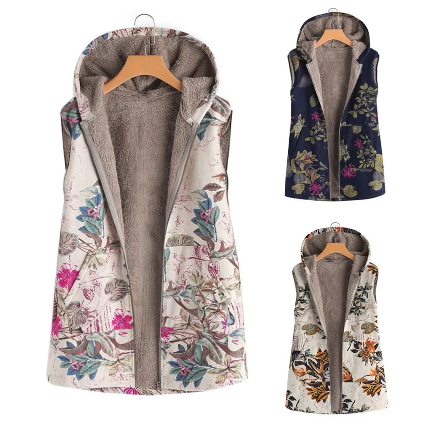 

Oversize Outwear Womens Plush Vintage Floral Print Faux Fur Sleeveless Vest Keep Warm Hidden Pocket Coat #1106 A#487
