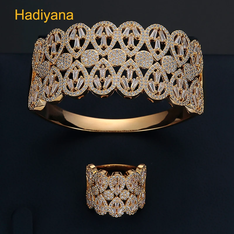 

HADIYANA Super Shiny AAA Zircon Fashion Bangle And Ring 2pcs Sets Unique Designer Top Copper Accessories Ladies Bangle Set SZ167