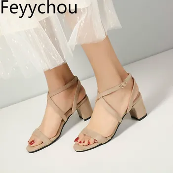 

Women Sandals Beach Shoes High Heel Flock Peep Toe Ankle Lace Up 2018 Summer Sweet Fashion Casual Office Beige Pink Black