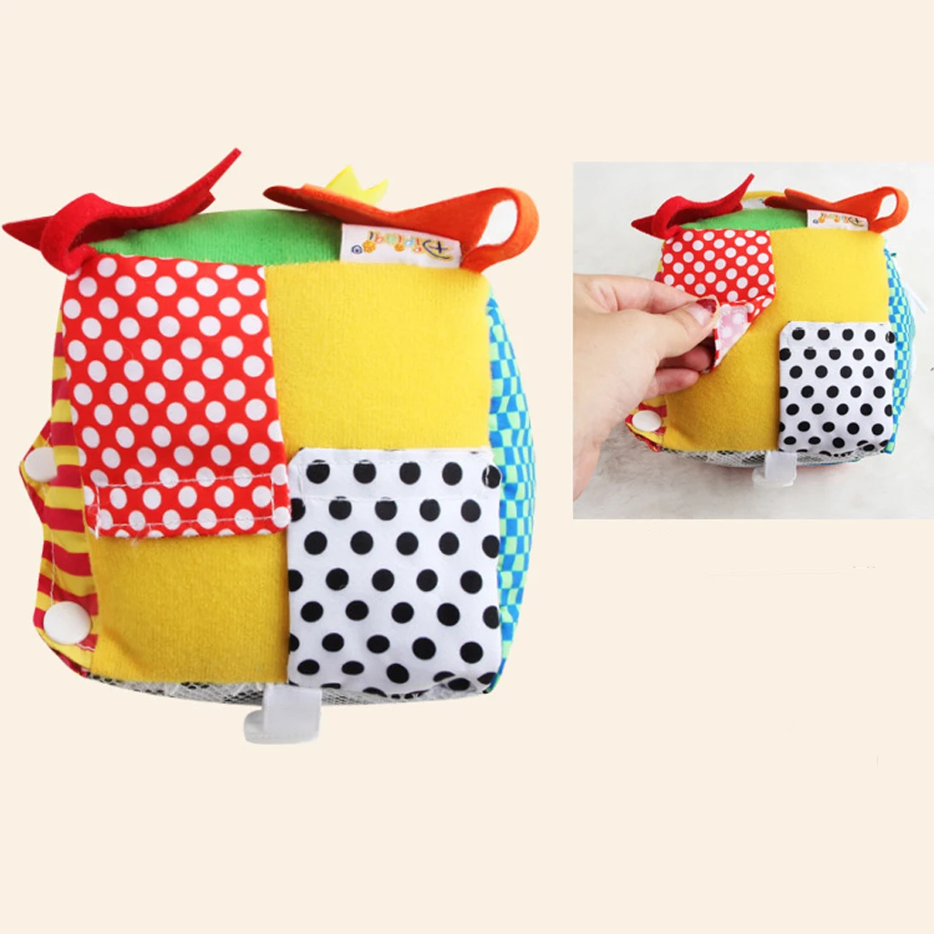 Educational Basic Life Skills Baby Toddler Learn to Dress - 6 in One Crinkle Cloth Cube Toy - Zip Snap Button Tie Puzzle